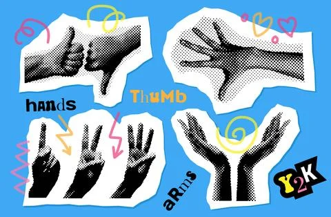 Set of Collage element with hands and cutout letter shapes and doodle element Stock Illustration