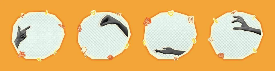 Set of collage elements with hands and paper. Vector illustration with halfto Stock Illustration