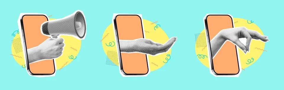 Set of collage elements with phones and hands Stock Illustration