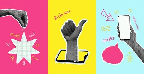 Set of collage elements with phones and hands. Multicolor, bright vector illu Illustrazione stock