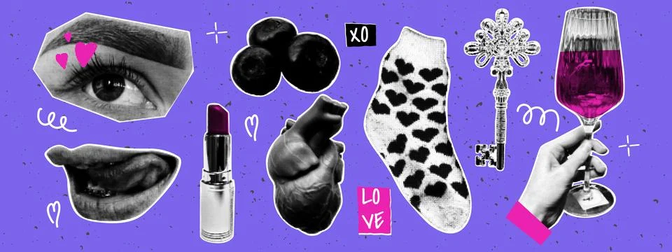 Set of collage elements for Valentine's Day. Lips, blueberries, glass of wi.. Illustrazione stock