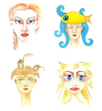 Set collage four female portreits, avatars for Instagram, icons, Stock Illustration