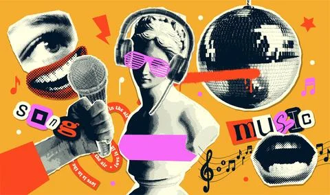 Set of Collage trendy halftone elements, 90s music, retro nostalgia. trendy Y2K Stock Illustration