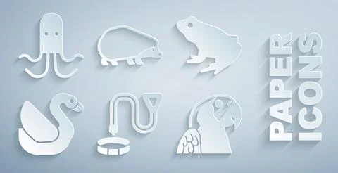 Set Collar with name tag, Frog, Swan bird, Macaw parrot, Hedgehog and Octopus Stockillustratie