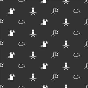Set Collar with name tag, Hedgehog, Macaw parrot and Octopus on seamless pattern Stock Illustration
