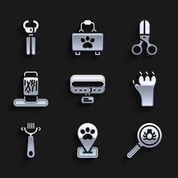 Set Collar with name tag, Location pet grooming, Flea search, Paw print, Hair 스톡 일러스트
