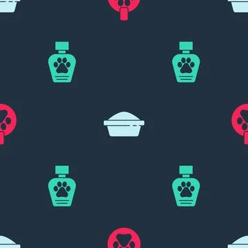 Set Collar with name tag, Pet food bowl and shampoo on seamless pattern. Vector Illustrazione stock