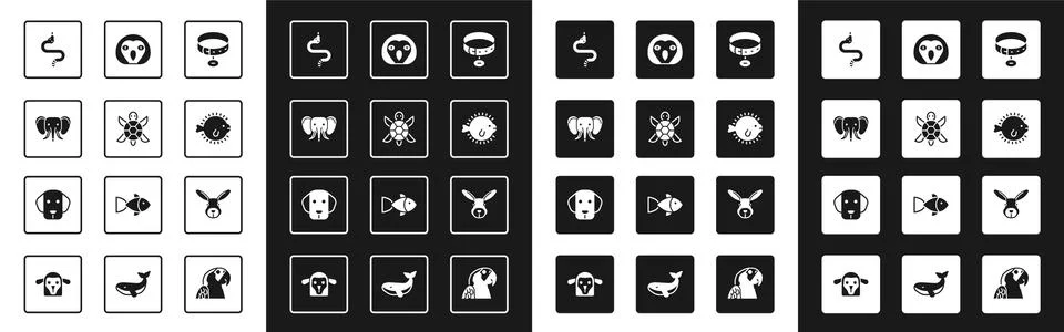 Set Collar with name tag, Turtle, Elephant, Snake, Puffer fish, Owl bird, Rab Stock Illustration