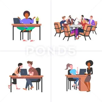 Set colleagues working process mix race businesspeople various business Stock Illustration