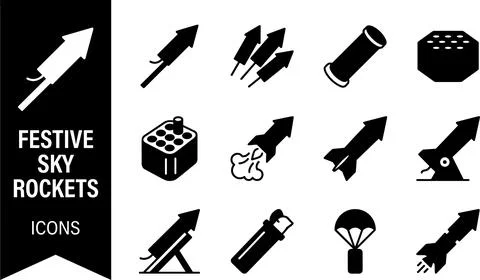 SET Collection of black and white festive sky rockets and fireworks icons, .. Stock Illustration
