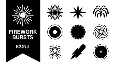 SET Collection of black and white firework burst icons and symbols on a whi.. Stock Illustration