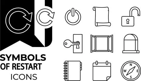 SET Collection of black and white vector icons representing restart, power,.. Stock Illustration