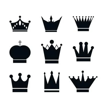 Set, collection of black crowns isolated on white background. Icon, logo, design Stock Illustration