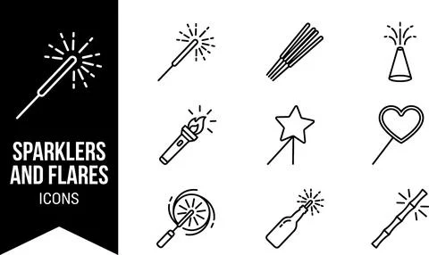 SET Collection of black line art icons for sparklers, flares, and fireworks.. Stock Illustration