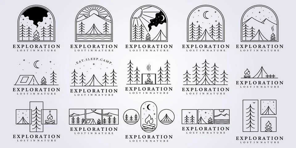 Set collection bundle camp night tent camp fire logo vector illustration desi Stock Illustration