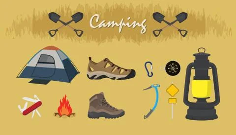 A set collection of camping equipment tools Stock Illustration