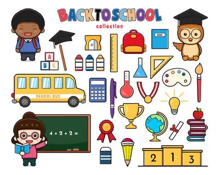 Set collection of cute back to school and equipment doodle clip art cartoon.. Stock Illustration