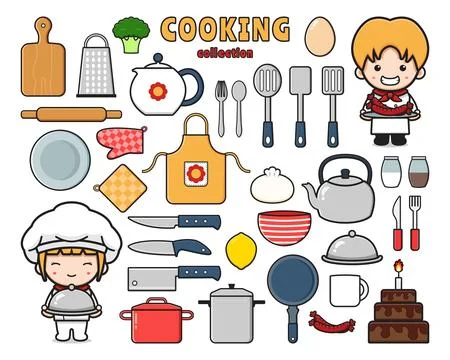 Set collection of cute chef with object clip art doodle cartoon icon illust.. Stock Illustration