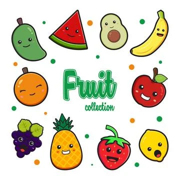 Set collection of cute fruit doodle cartoon clip art icon illustration Stock Illustration