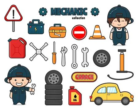 Set collection of cute mechanic with object cartoon clip art icon illustratio Stock Illustration