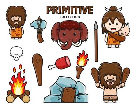 Set collection of cute primitive caveman cartoon icon clipart illustration Stock Illustration