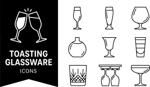 SET Collection of diverse line art beverage glassware icons including champ.. Stock Illustration