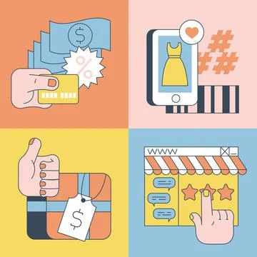 Set collection E-commerce. Online shopping, sales. Cart, smartphone device, like Stock Illustration