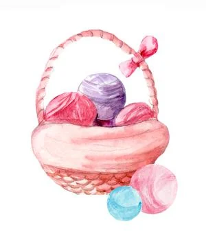 Set, collection with elements of watercolor knitting: yarn, basket with knitt Illustrazione stock