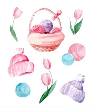 Set, collection with elements of watercolor knitting: yarn, knitted hats, bas Illustrazione stock