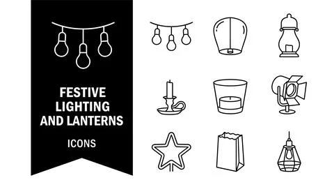 SET Collection of festive lighting and lantern icons including string light.. Stock Illustration