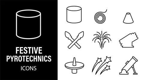 SET Collection of festive pyrotechnics and fireworks icons including a cyli.. Stock Illustration