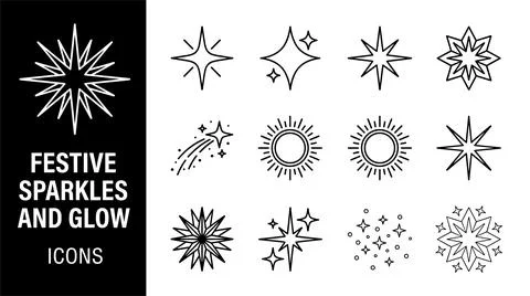 SET Collection of festive sparkle and glow line art icons, including starbu.. Stock Illustration
