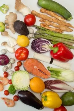 Set collection flat lay with different kind of food vegetables seafood on whi Stock Photos
