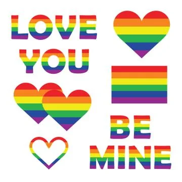 Set collection of gay pride elements with rainbow spectrum heart shapes Stock Illustration