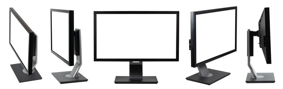 Set collection of modern black pc computer monitor flat screen in front sid.. Stock Photos