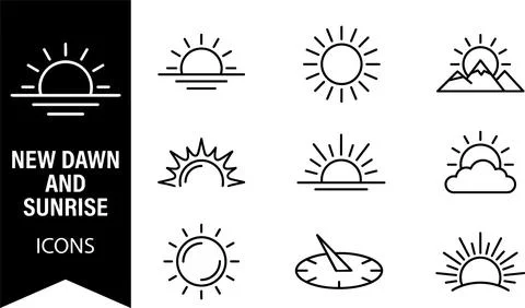 SET Collection of new dawn and sunrise icons, featuring sun over water, mou.. Stockillustratie