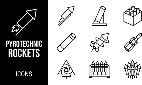SET Collection of pyrotechnic rocket and firework icons, including launch t.. Stock Illustration