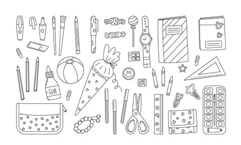Set collection of school stationery objects.Vector illustration in line style Stock Illustration