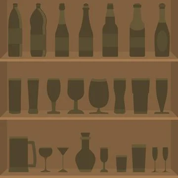 Set, collection of  silhouettes different bottle of alcohol and wine glasses. Stock Illustration