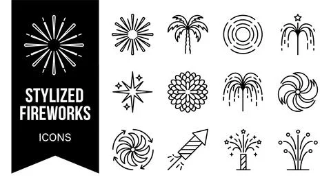 SET Collection of stylized black and white line art fireworks icons and sym.. Stock Illustration