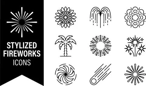 SET Collection of stylized black line art fireworks icons and symbols inclu.. Stock Illustration