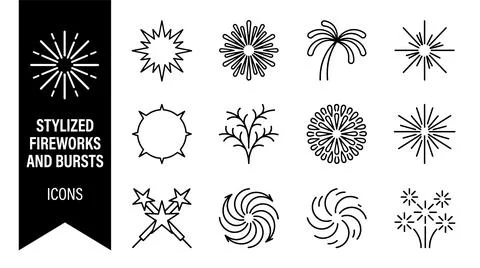 SET Collection of stylized black line art fireworks and burst icons on a wh.. Stock Illustration