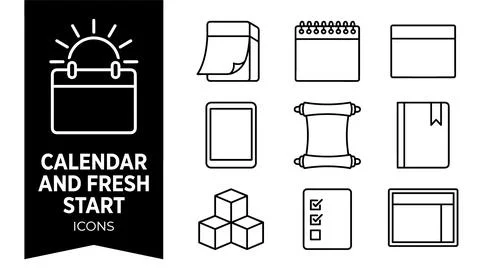 SET Collection of thin line icons representing calendar, fresh start, plann.. Stock Illustration