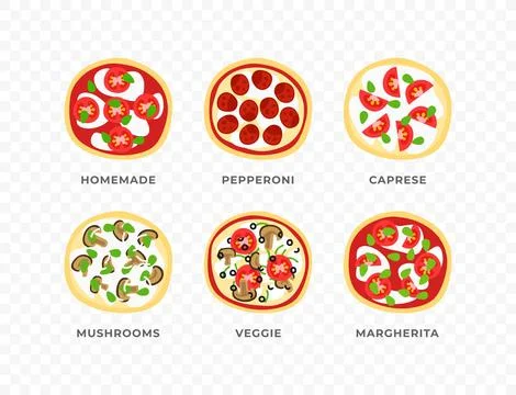 Set, collection of vector assorted whole pizza. Illustration of italian pizza Stock Illustration