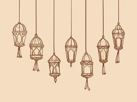 Set collection of vector ramadan lantern lights lamp in sketch hand drawing.. Stock Illustration