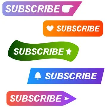 Set of color buttons of subscribe with hand, heart, star, bell and arrow Stock Illustration