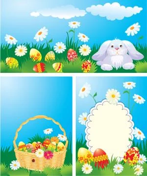 Set of color easter banners. easter bunny, basket and eggs in grass Stock Illustration
