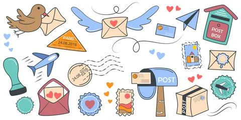 Set of color icons on the topic of postal items, parcels and letters Illustrazione stock