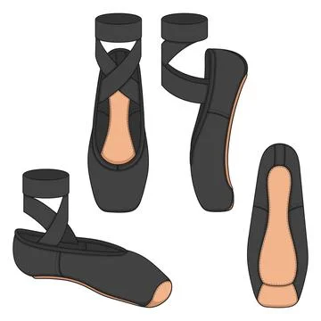 Set of color illustrations with black pointe shoes, ballet shoes. Stock Illustration