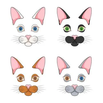 Set of color illustrations with cat faces, muzzle. Isolated vector objects. Stock Illustration